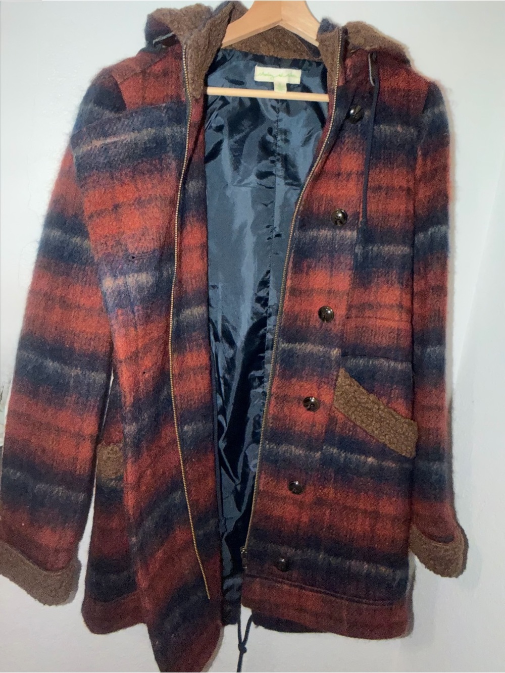 Staring at Stars Plaid Hooded Wool-Blend Coat in Rust Red & Navy - Small - Picture 5 of 11